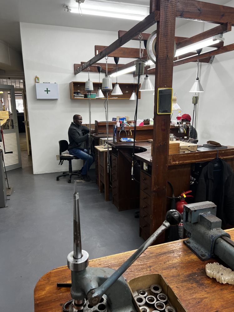 Goldsmiths at their benches in our workshop on Sam Nujoma Avenue, Swakopmund