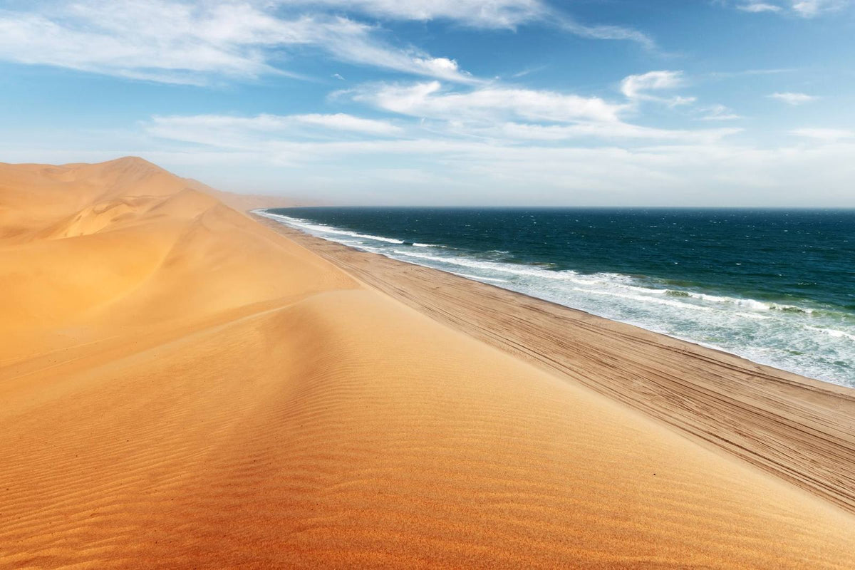 Golden dunes of the Namib running down to the blue Atlantic