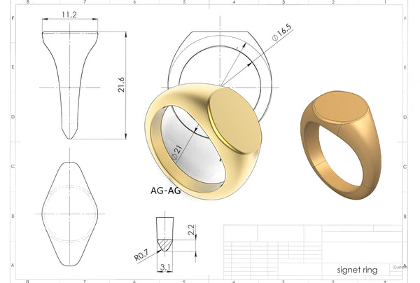Technical drawing of a signet ring beside two gold renders of the design