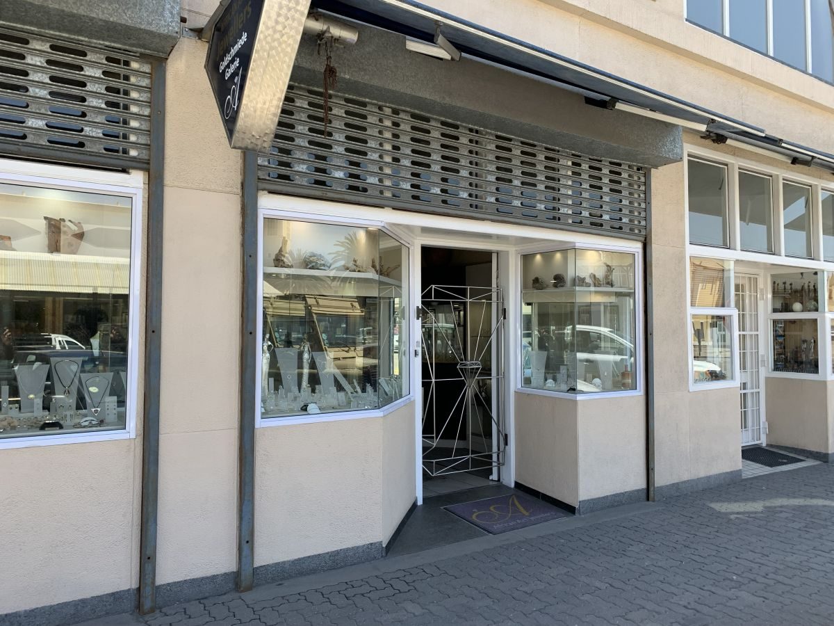 African Art Jewellers gallery at the Hansa Building, Hendrik Witbooi Strasse, Swakopmund: a long row of display windows