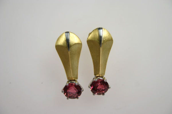 Gold drop earrings with red garnets
