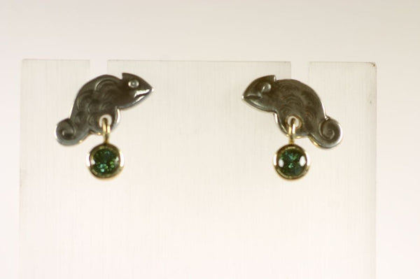 Silver chameleon earrings with green stones